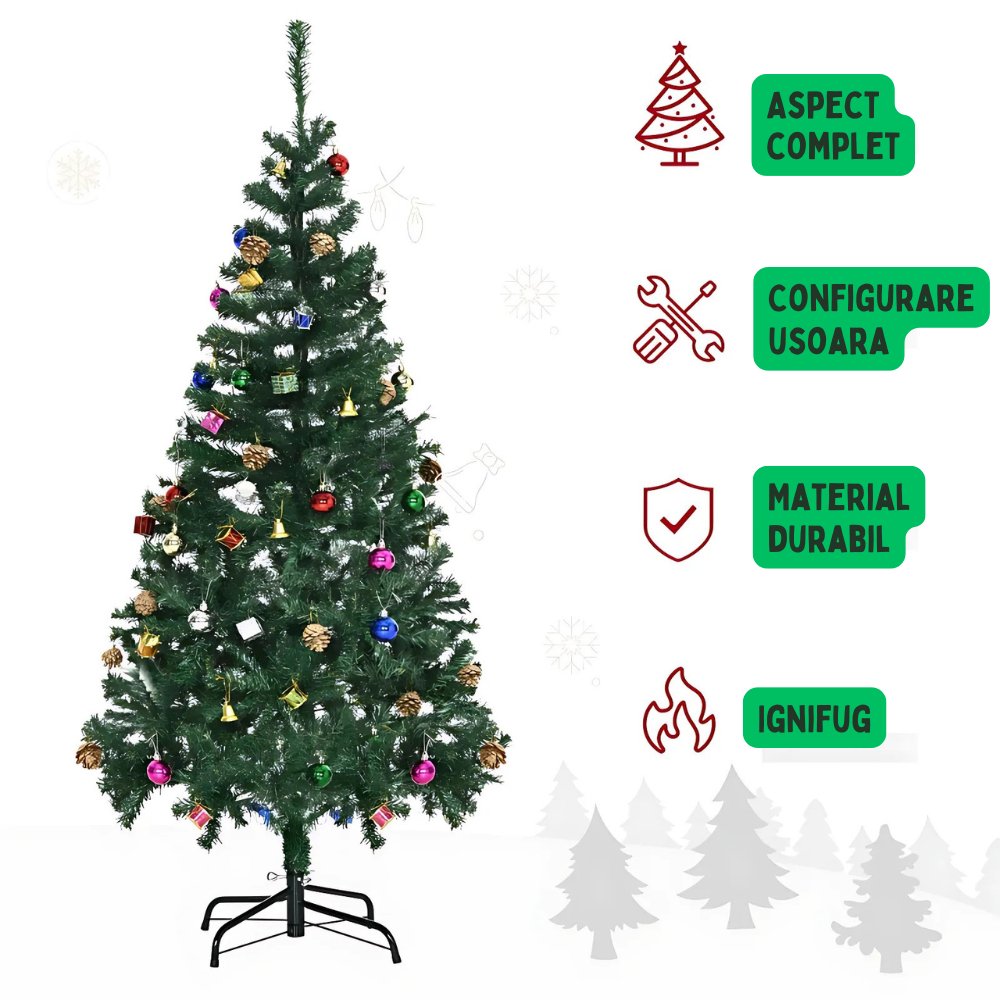 Brad artificial Crăciun 1.80 m cu 45 decorațiuni + instalație LED 10 m