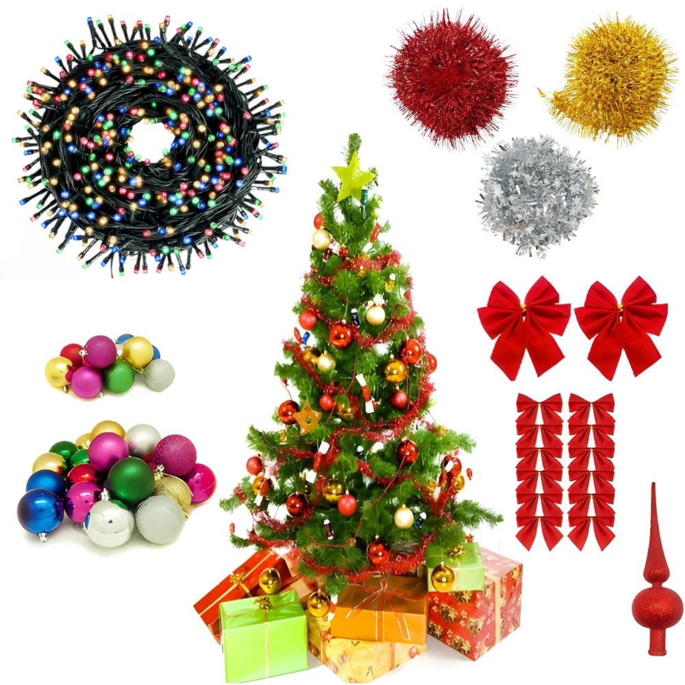 Brad artificial Crăciun 1.80 m cu 45 decorațiuni + instalație LED 10 m