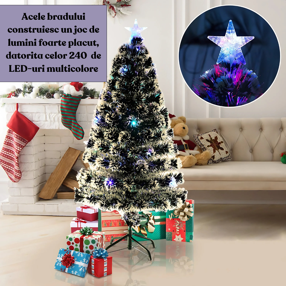 Brad Artificial De Craciun, Cu Fibra Optica si LED-uri Integrate, Multicolor, Aspect Nins + Steluta LED Inclusa