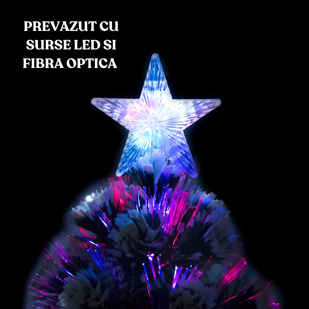 Brad Artificial De Craciun, Cu Fibra Optica si LED-uri Integrate, Multicolor, Aspect Nins + Steluta LED Inclusa