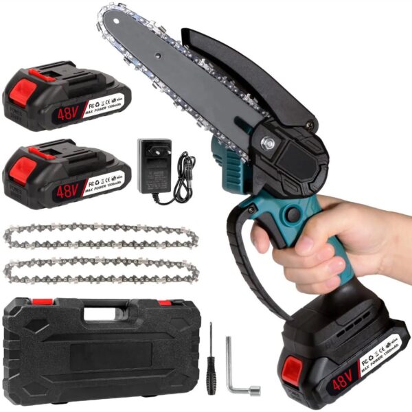 Mini Fierastrau Electric Cu 2 Acumulatori 48V + 2x Lant + 2 x Lama 6 Inch