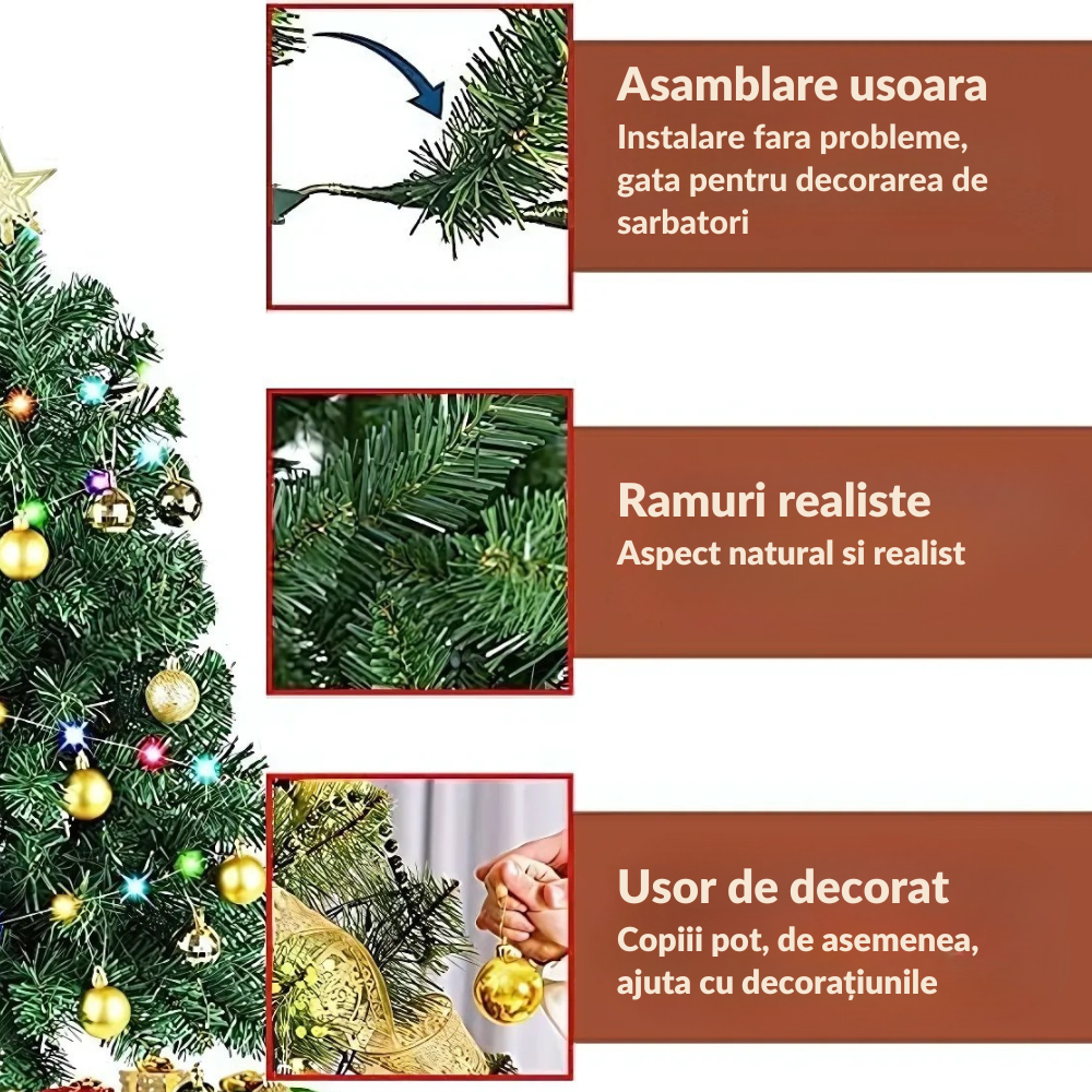 Brad artificial Crăciun 1.80 m cu 45 decorațiuni + instalație LED 10 m