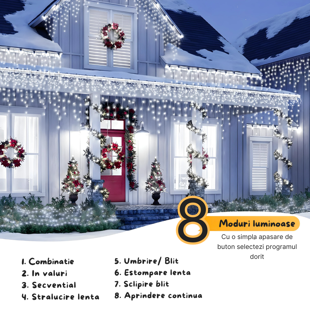 Instalatie de Craciun, Tip Turturi, 8 Jocuri de Lumini, Interior sau Exterior 12Mx0.6M