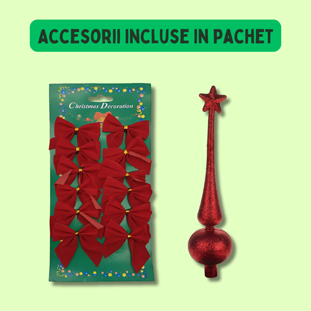 Brad artificial Crăciun 1.80 m cu 45 decorațiuni + instalație LED 10 m