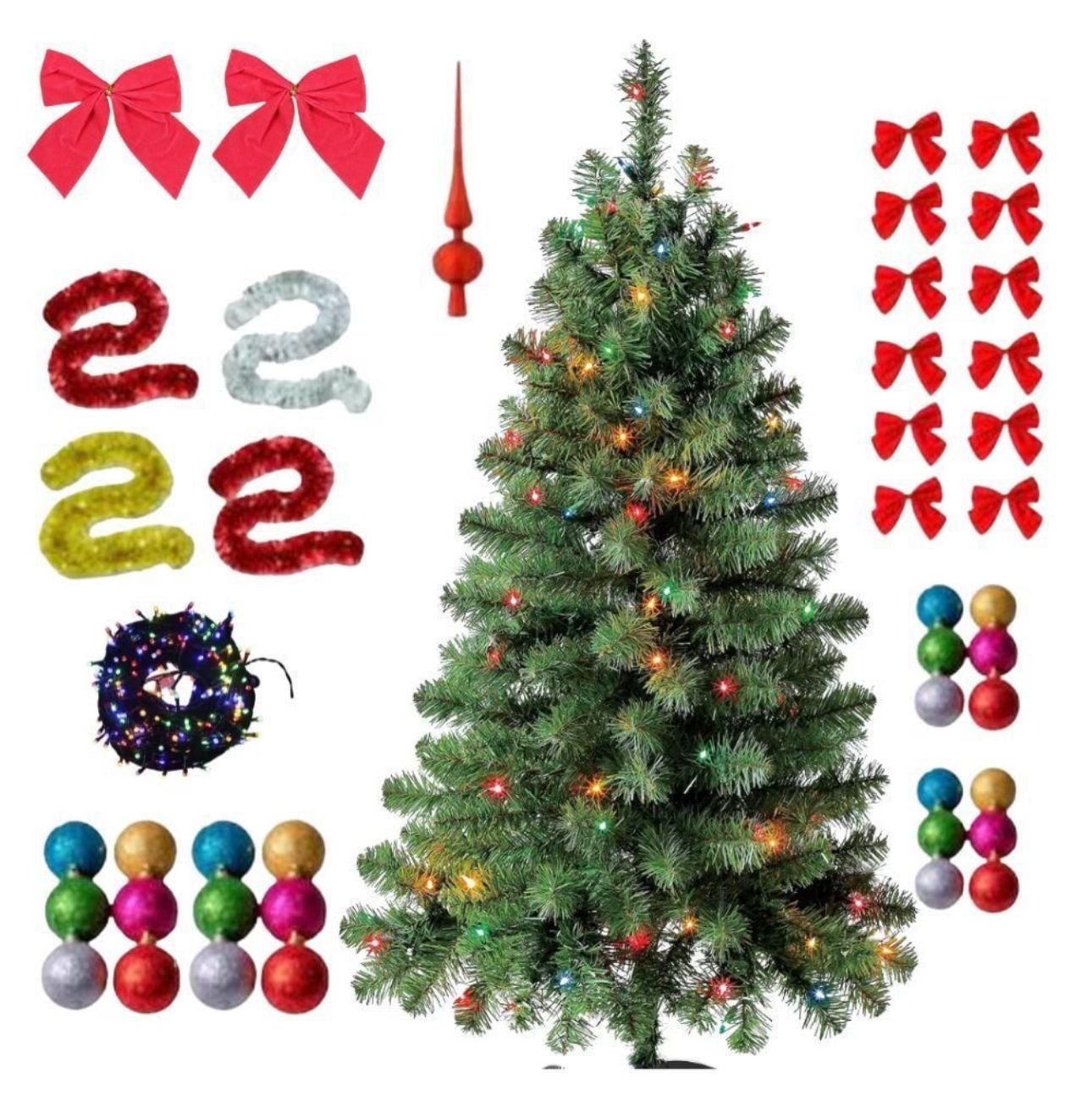 Brad artificial Crăciun 1.80 m cu 45 decorațiuni + instalație LED 10 m