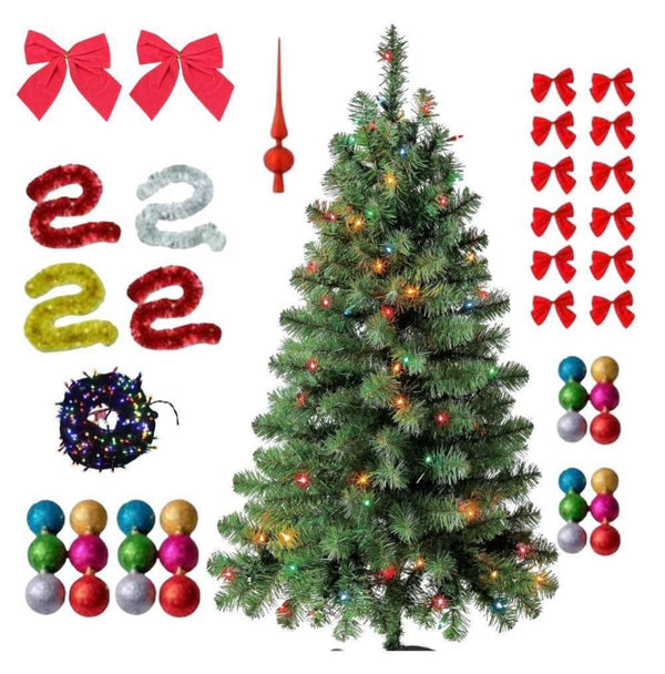 Brad artificial Crăciun 1.80 m cu 45 decorațiuni + instalație LED 10 m