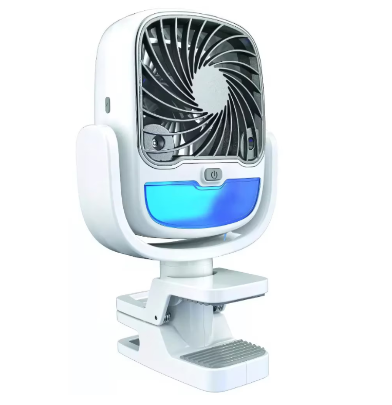 Ventilator Portabil cu Racire pe Apa, Rezervor 200 ml, 3 Viteze, Lumina LED Multicolora, Rotatie 360°, Clema de Prindere