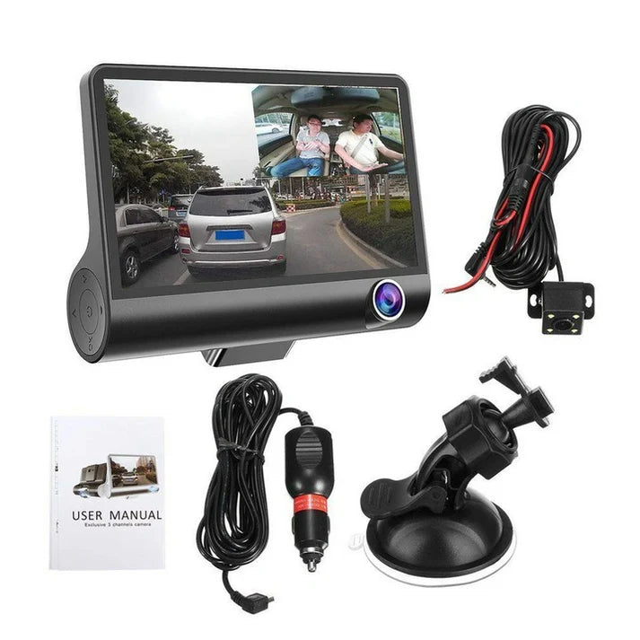 Camera auto TRIPLA Full HD cu monitor de 4 INCH pentru bord si unghi larg de filmare de 170 grade